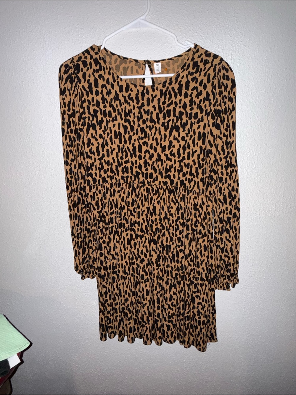 (Xs) BP Leopard Print Long Sleeve Dress - Tan/Black